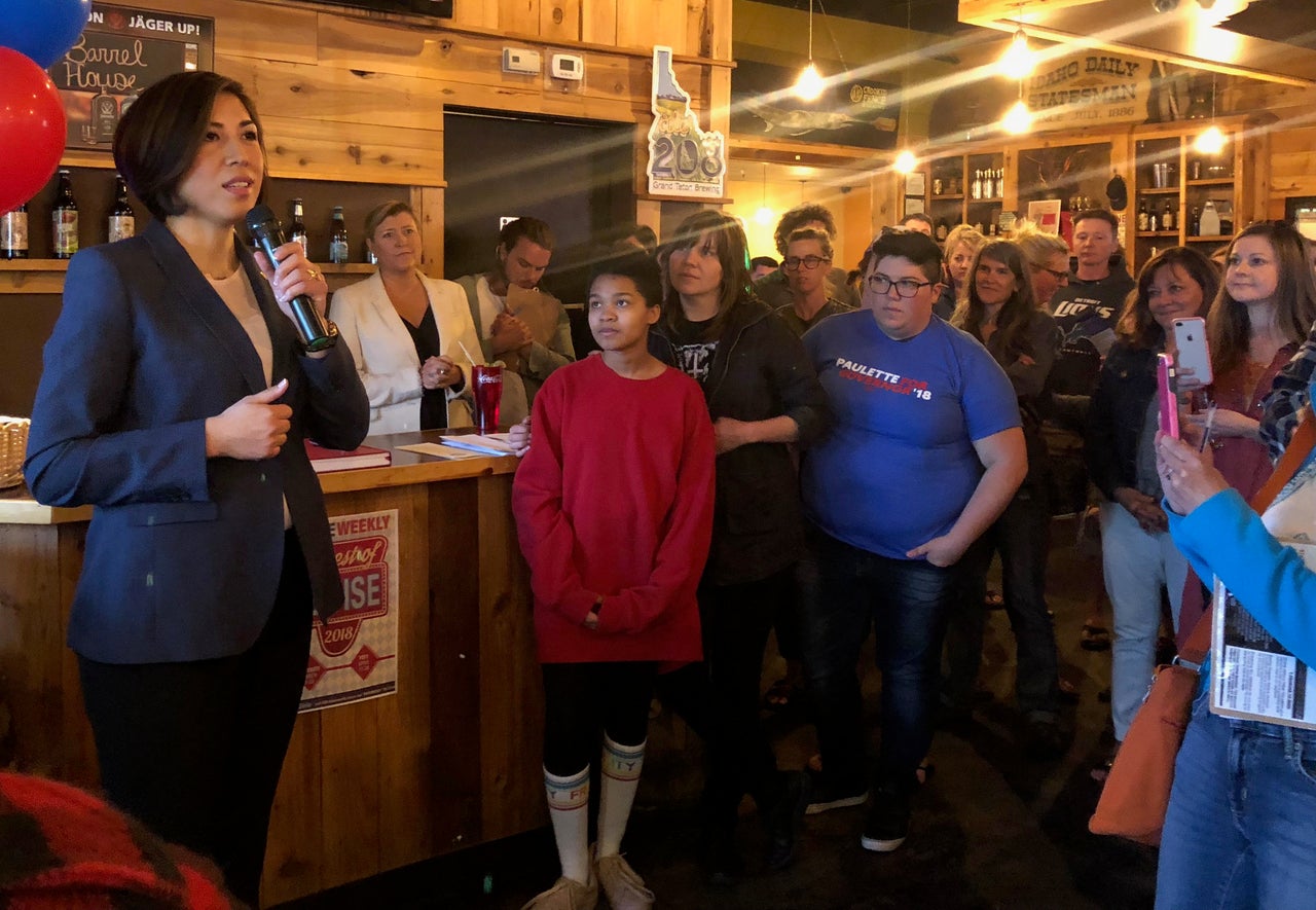 Jordan talks to campaign supporters during a watch party for her gubernatorial debate in April.