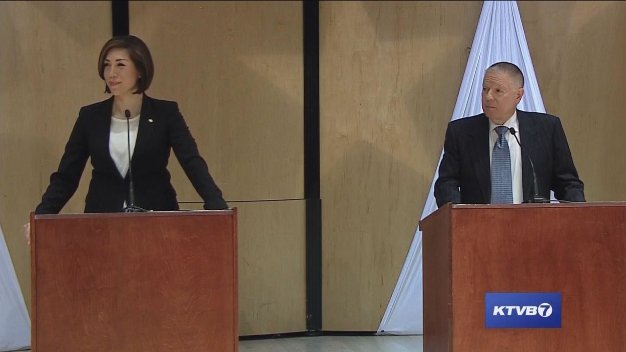Jordan and A.J. Balukoff at their May 1 Democratic gubernatorial debate.