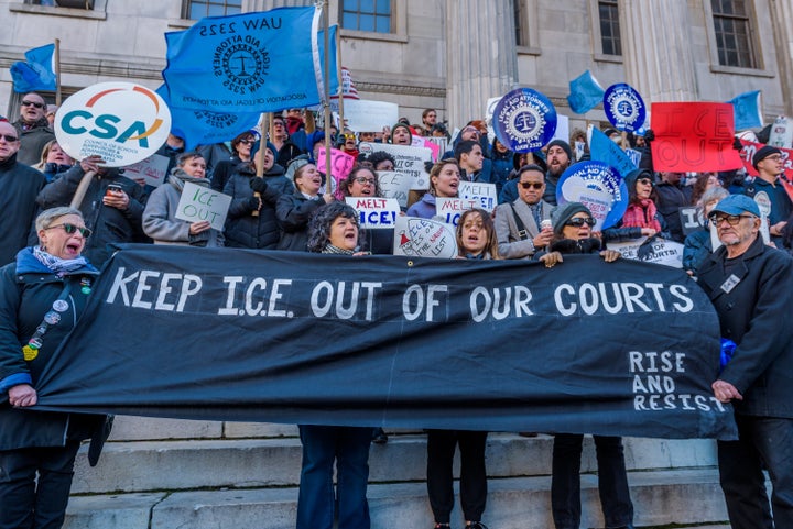 The Association of Legal Aid Attorneys, along with dozens of union and immigrant rights organizations, held a rally on Dec. 7, 2017, in Brooklyn, New York, to call for a policy to prohibit Immigration and Customs Enforcement agents from entering state courthouses.