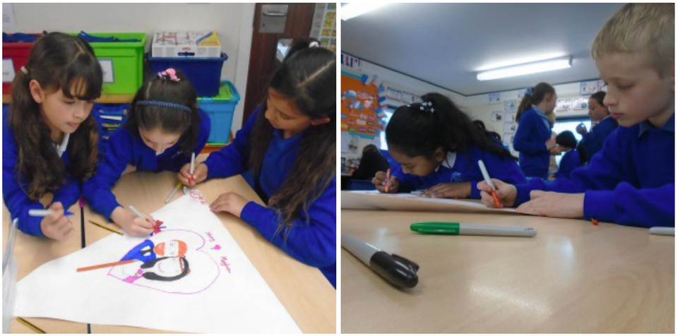 Year 4 students at Oakfield First School decorating bunting that will hang around Windsor on the 19 May. 