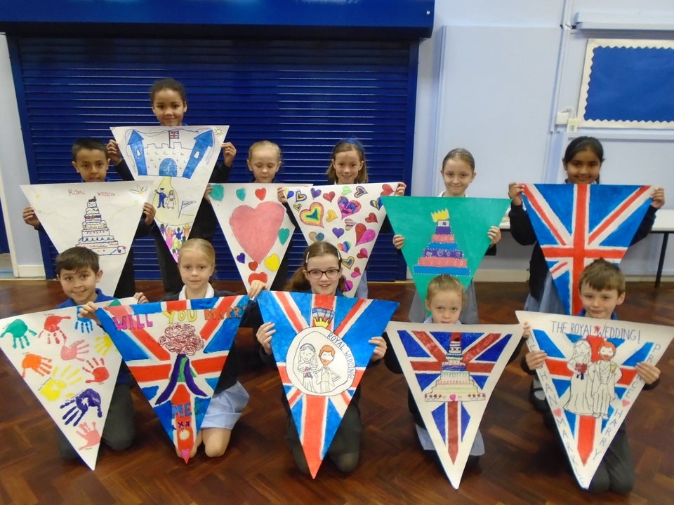 Pupils at Hilltop Primary School with their bunting. 