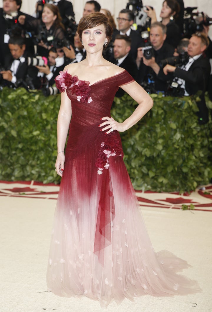 Scarlett Johansson arriving at the Met Gala to celebrate the opening of "Heavenly Bodies: Fashion and the Catholic Imagination" on May 7. 