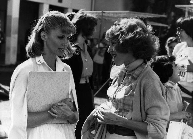 Olivia Newton-John and Didi Conn behind the scenes of 'Grease' in 1978