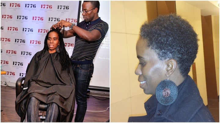 Left, Alyscia Cunningham gets her hair cut for charity in 2013. Right, Cunningham with short hair.