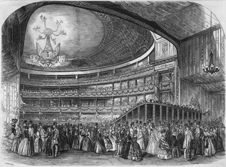 Illustration of a promenade concert at London's Drury Lane Theatre in 1847.