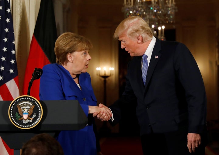 Trump greets Germany's Chancellor Angela Merkel during a joint news conference at the White House last month.