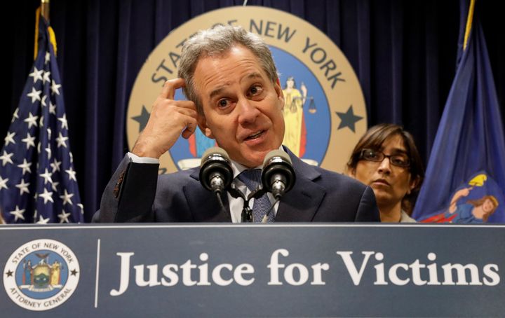 New York Attorney General Eric Schneiderman, whose resignation was effective Tuesday, speaks at a news conference on his office's civil rights lawsuit against Harvey Weinstein's company in February.