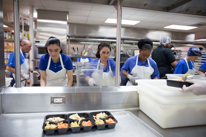 Volunteers prepare meals for delivery at Project Angel Food in Los Angeles. The photo was taken after a press conference on May 4, 2018, announcing the beginning of a pilot program to deliver low-sodium meals to people with congestive heart failure in Los Angeles county.