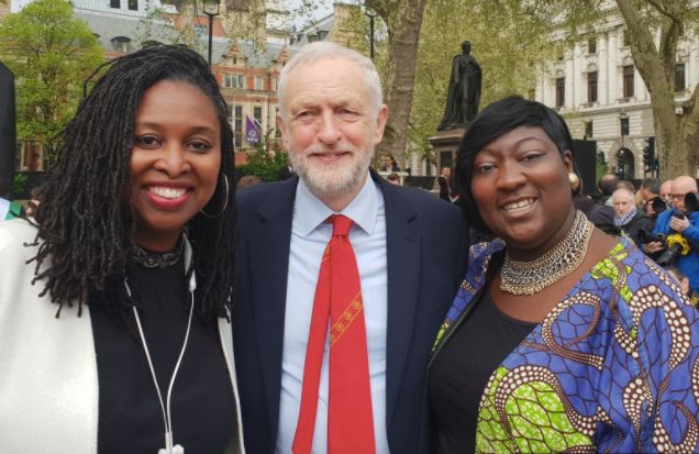 'Lady Phyll' with Shadow Equalities Minister Dawn Butler and Jeremy Corbyn at the Millicent Fawcett statue unveiling last month