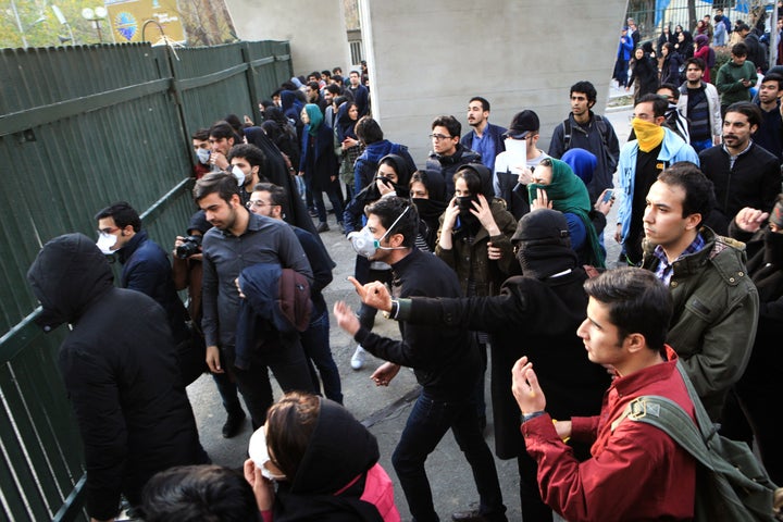 Iranian students protest at the University of Tehran during a demonstration driven by anger over economic problems on Dec. 30, 2017.