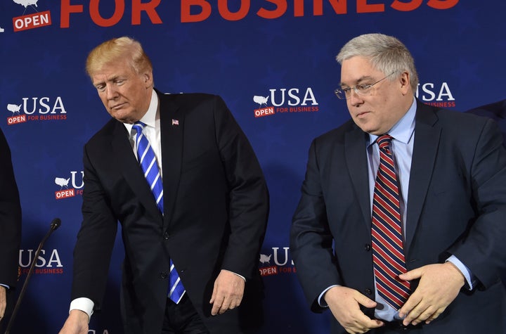 President Donald Trump arrives for a roundtable discussion on tax reform in White Sulpher Springs, West Virginia, on April 5. At right is West Virginia Attorney General Patrick Morrissey.