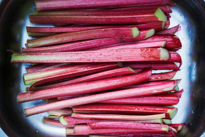 Raw stalks of rhubarb.