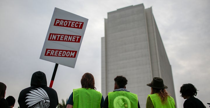 Supporters of net neutrality protest the FCC's decision in Los Angeles on Nov. 28, 2017.