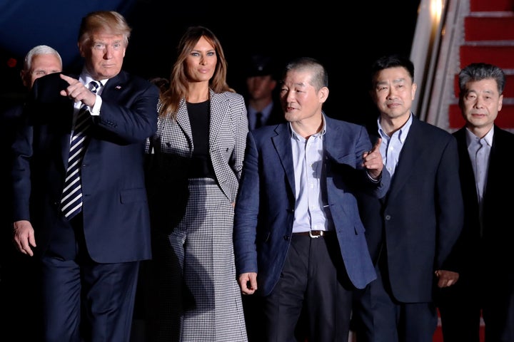 Trump and first lady Melania Trump meet the three Americans released from detention in North Korea upon their arrival at Joint Base Andrews, Maryland.