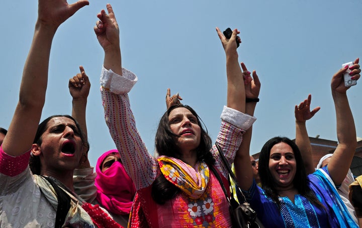 Pakistani transgender people participate in a rally for their rights in Peshawar, Pakistan, on July 11, 2011. 