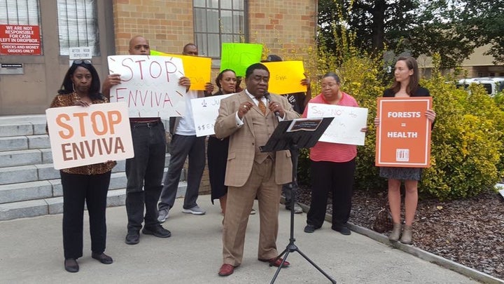 South Carolina environmental justice leader and pastor, Rev. Leo Woodberry, speaks at a 2017 news conference with the Concerned Citizens of Richmond County to oppose the wood pellet manufacturer Enviva's plans to build a new mill in North Carolina.