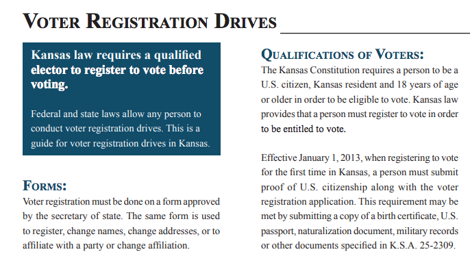 A Kansas Secretary of State guide for voter registration drives doesn't clarify that people using the federal form to register to vote don't need to prove they are a citizen.