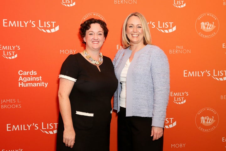 Katie Porter and EMILY's List President Stephanie Schriock on Feb. 27, 2018, in Los Angeles.