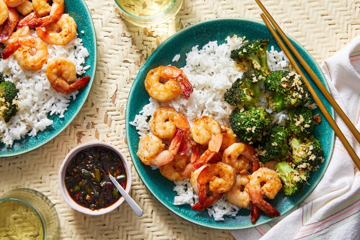 Chrissy Teigen's Blue Apron recipe for garlic and soy-glazed shrimp with charred broccoli and hot green pepper sauce. 