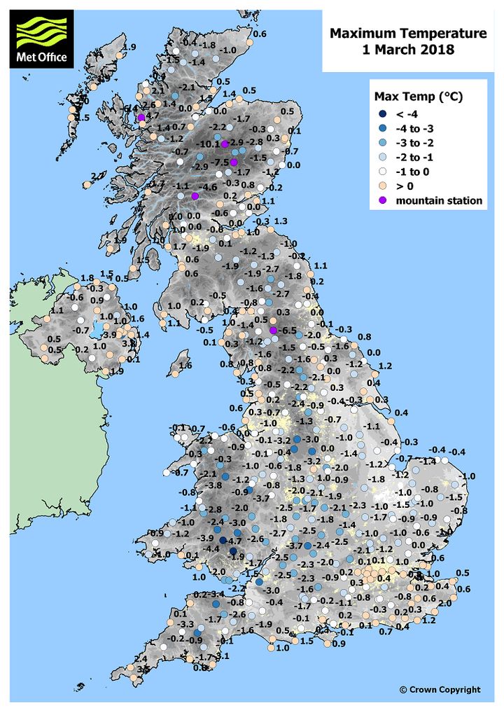 Daytime temperatures across the UK on the first day of March 2018, the coldest spring day on record.