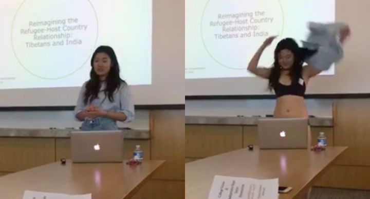 Cornell student Letitia Chai strips while giving her senior thesis presentation on May 5. 