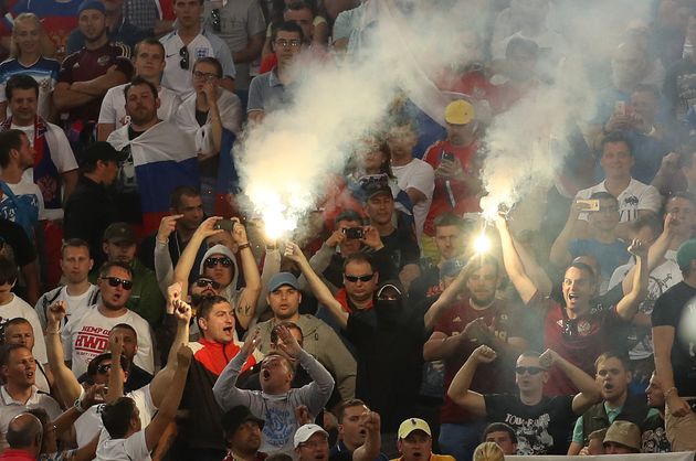 Russia fans let off flares during the UEFA Euro 2016, Group B match at the Stade Velodrome, Marseille