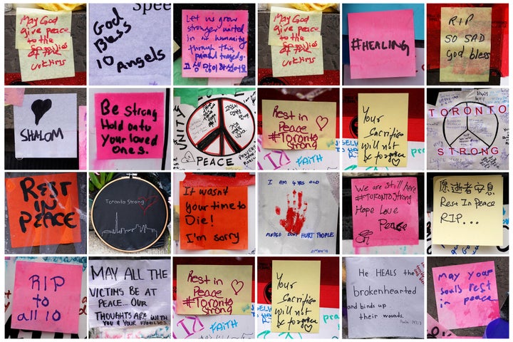 A combination photograph shows notes of support at a makeshift memorial on Yonge Street following a van that attacked multiple people in Toronto in April 2018.