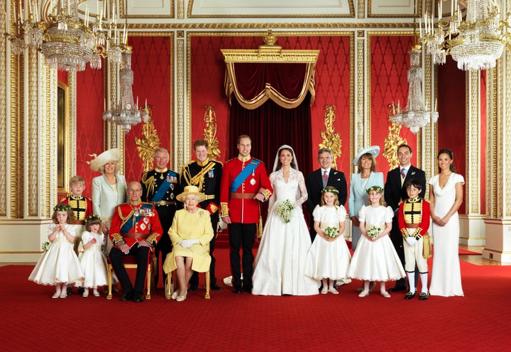 Will and Kate pose for an official portrait with their families and the wedding party on April 29, 2011.