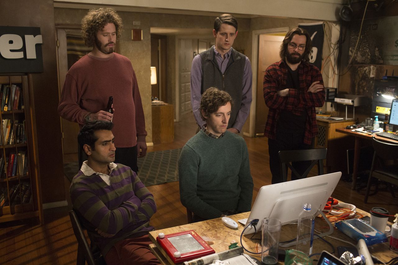 Kumail Nanjiani, T.J. Miller, Zach Woods, Thomas Middleditch and Martin Starr in Season 3 of "Silicon Valley."
