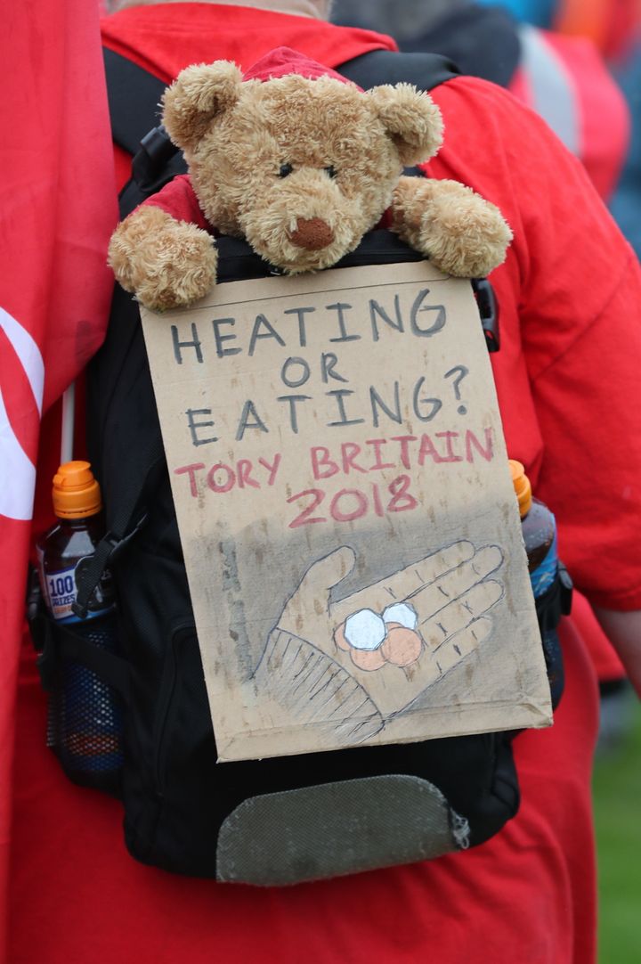 A sign on a demonstrator's bag during a TUC rally in central London, as part of its 'great jobs' campaign.