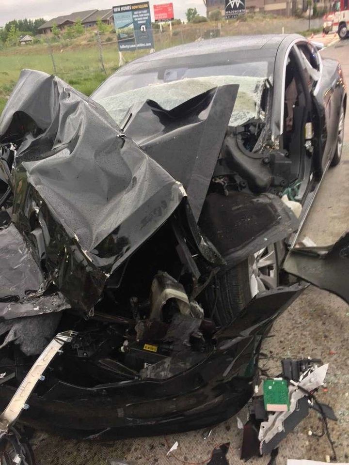 Smashed Tesla Model S after Utah crash.