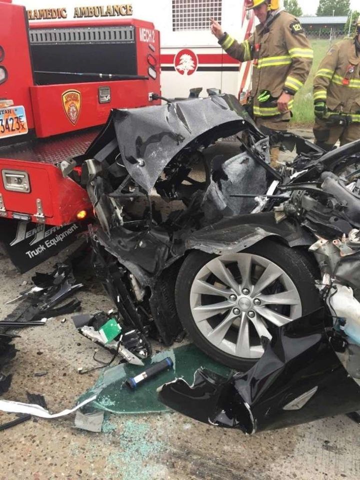 Crushed Tesla Model S after the crash in South Jordan, Utah.