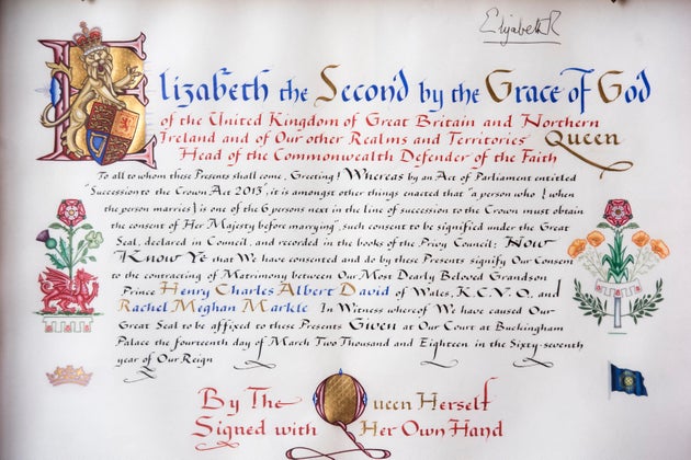 Detail of the 'Instrument of Consent', which is the Queen's historic formal consent to Prince Harry's forthcoming marriage to Meghan Markle