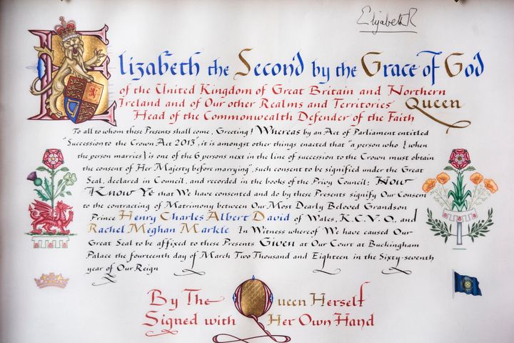 Detail of the 'Instrument of Consent', which is the Queen's historic formal consent to Prince Harry's forthcoming marriage to Meghan Markle