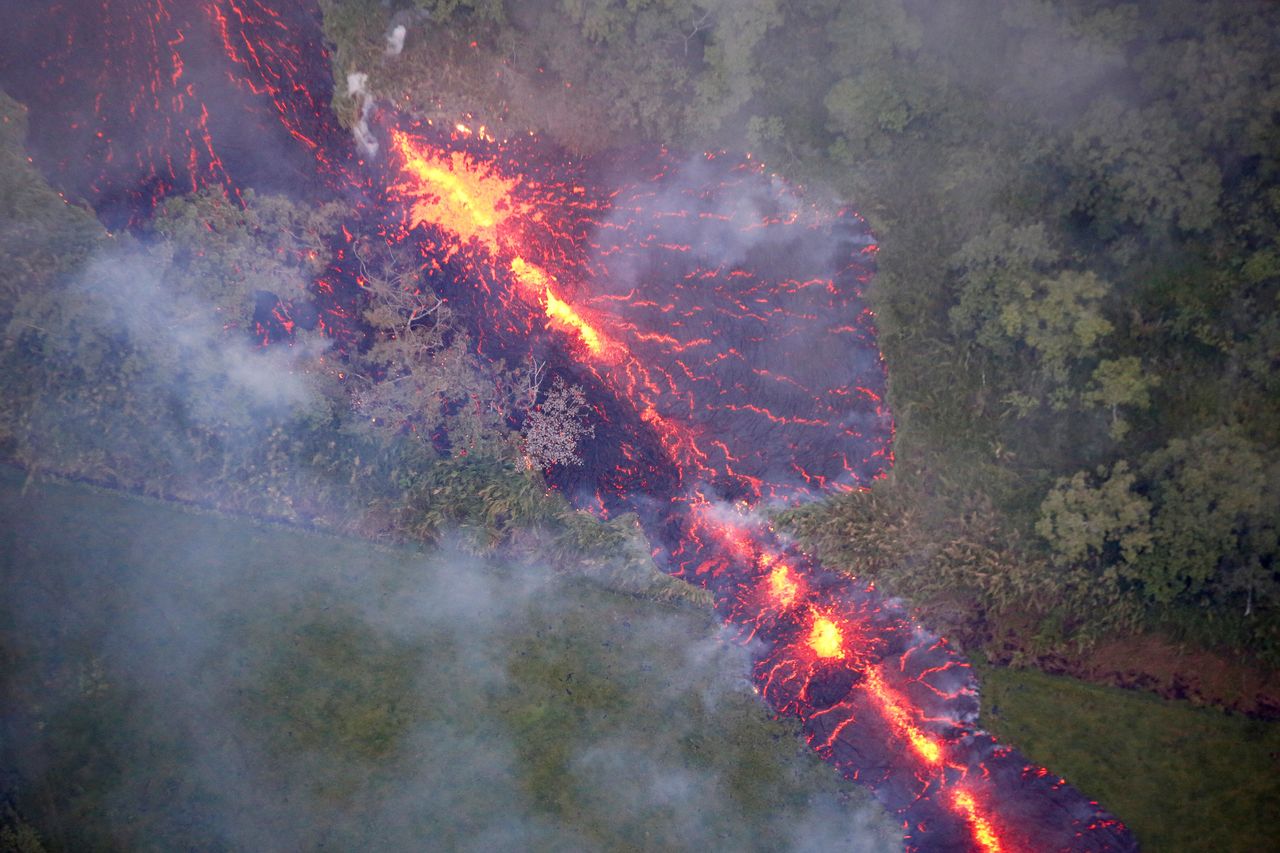 Lava erupts from a fissure east of the Leilani Estates subdivision during the ongoing eruptions of the Kilauea volcano in Hawaii.