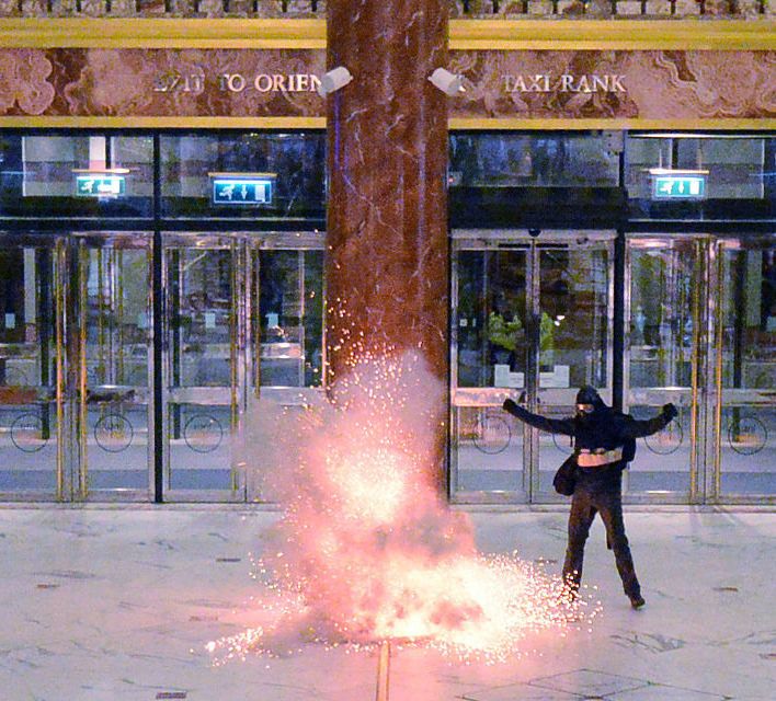 A person playing the role of suicide bomber detonates an explosive during an exercise at the Intu Trafford Centre in Trafford, Manchester, in 2016. A script written by police had the person shout 'Allahu Akbar'.