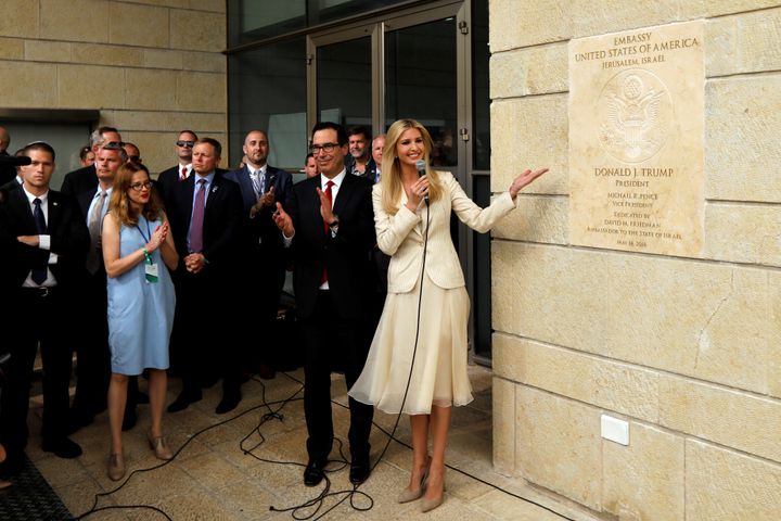 Ivanka Trump and US Treasury Secretary Steven Mnuchin stand next to the dedication plaque at the US embassy in Jerusalem.