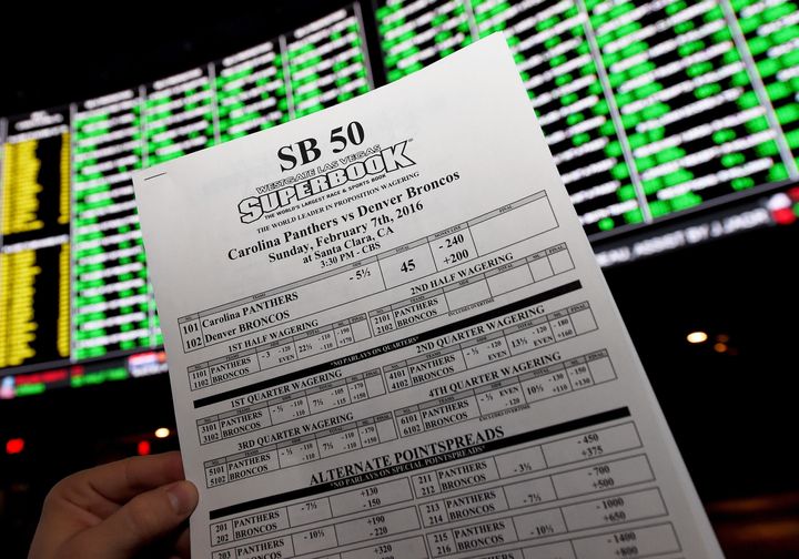 A betting sheet for Super Bowl 50 between the Carolina Panthers and the Denver Broncos is displayed at the Race & Sports SuperBook at the Westgate Las Vegas Resort & Casino. A U.S. Supreme Court ruling Monday paves the way for sports betting to spread across the country.