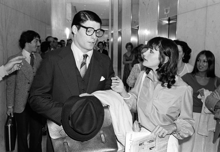 Christopher Reeve and Margot Kidder filming a scene from "Superman" in 1977.