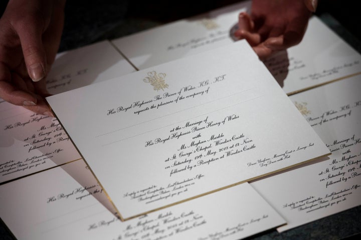 Invitations for Prince Harry and Meghan Markle's wedding in Windsor Castle in May, seen after they have been printed at the workshop of Barnard and Westwood in London on March 22.