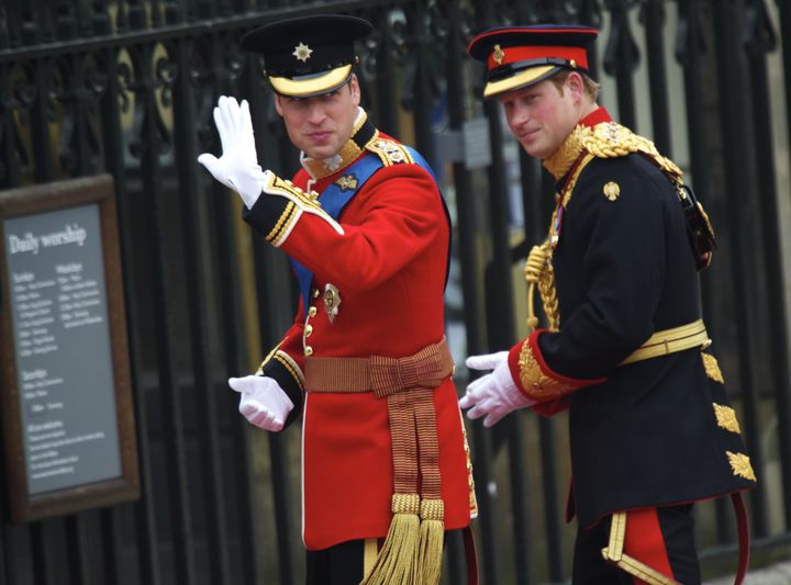 Prince William and Prince Harry arrive at Westminster Abbey on April 29, 2011. 