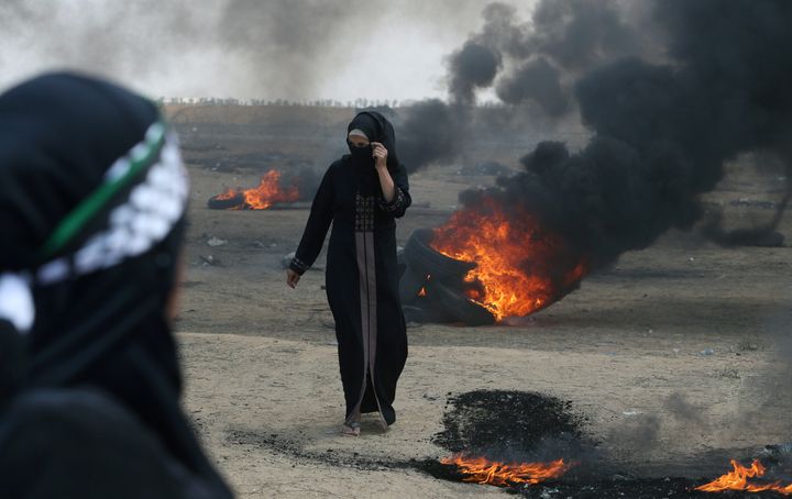 A female Palestinian demonstrator during protests on Monday. 