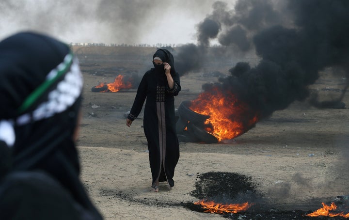 <strong>A female Palestinian demonstrator during protests on Monday. </strong>