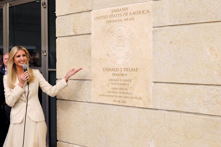 Senior White House Adviser Ivanka Trump gestures as she stands next to the dedication plaque at the U.S. embassy in Jerusalem on May 14.
