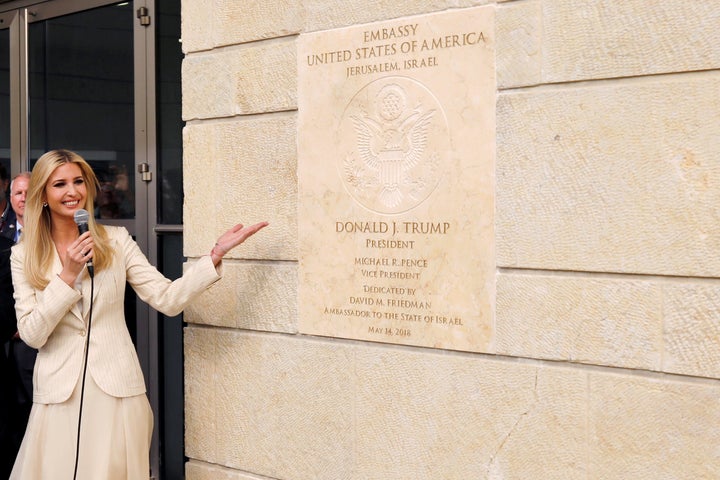 Senior White House Adviser Ivanka Trump gestures as she stands next to the dedication plaque at the U.S. embassy in Jerusalem