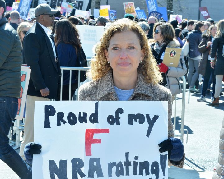 Rep. Debbie Wasserman Schultz (D-Fla.) attends the March for Our Lives rally earlier this year in Washington. In an interview on Tuesday, she characterized the NRA as "just shy of a terrorist organization."