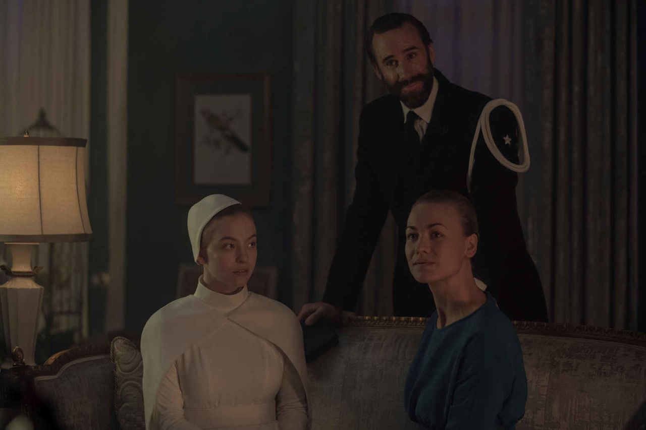 Sydney Sweeney, Joseph Fiennes and Yvonne Strahovski in "The Handmaid's Tale."