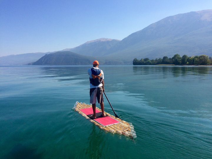 de Sousa paddles on Lake Ohrid, between southwestern Macedonia and eastern Albania