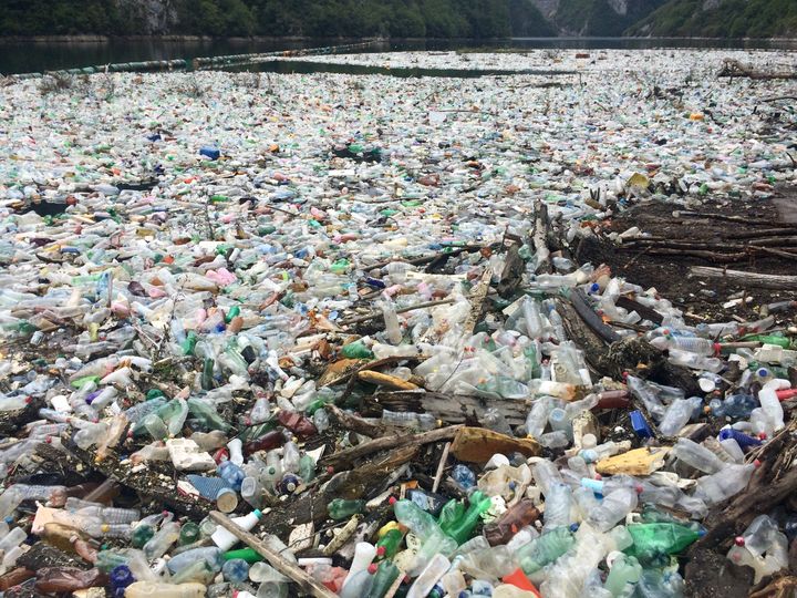 A plastic build up on the Drina river, in Bosnia