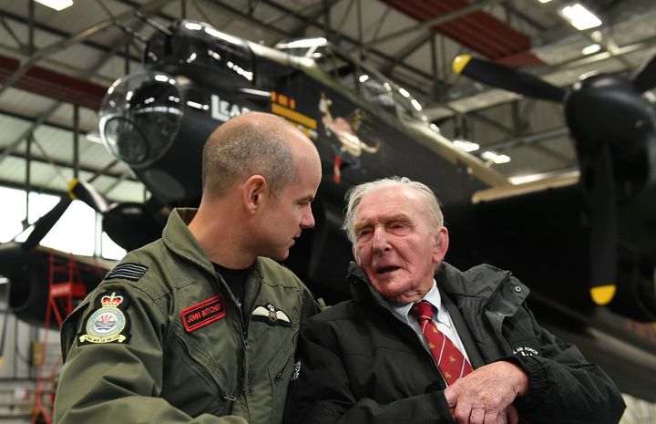 Commanding officer of 617 squadron, Wing Commander John Butcher (left) with Johnny Johnson at RAF Coningsby 